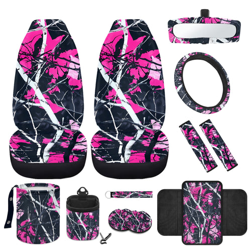 Jeiento Camo Hunting Front Car Seat Cover Full Set 12 PCS with Steering Wheel Cover Seatbelt Pad Armrest Pad Coasters Garbage Bins Rear View Mirror Cover Keychain Air Vent Storage Pouch Pink