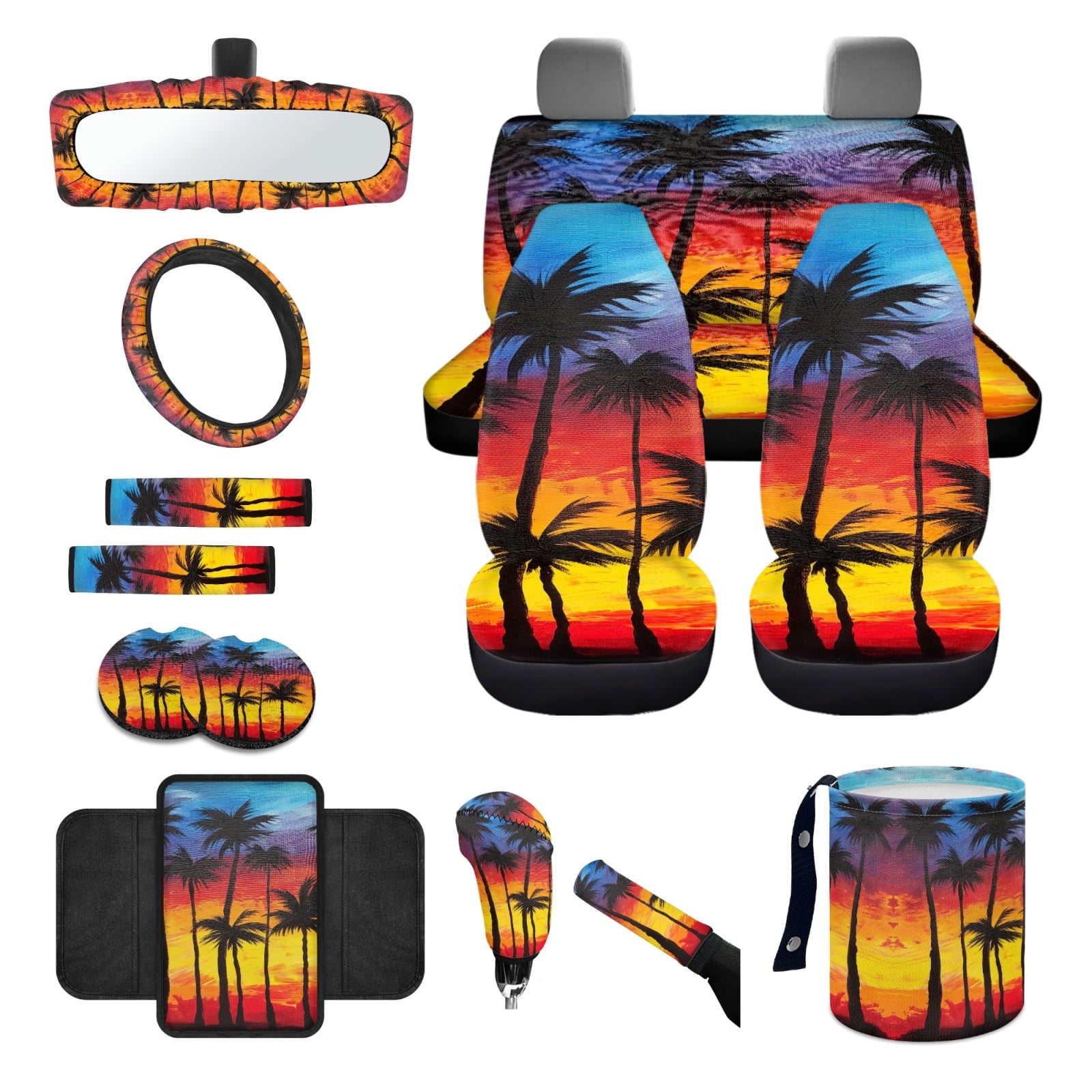 Jeiento Dusk Palm Leaves Car Seat Cover Full Set of 14 Car Seat Protector Auto Steering Wheel Cover Seatbelt Pads Armrest Cushion Trash Can Rearview Mirror Cover Handbrake Cover Set Coasters