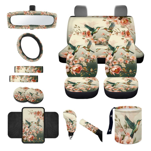 Jeiento Hummingbird 14 PCS Car Seat Cover Full Set Steering Wheel Cover Seat Belt Cover Trash Can Rear View Mirror Cover Flowers Coaster Center Console Cover Gear Shift Knob Cover Set Universal Fit