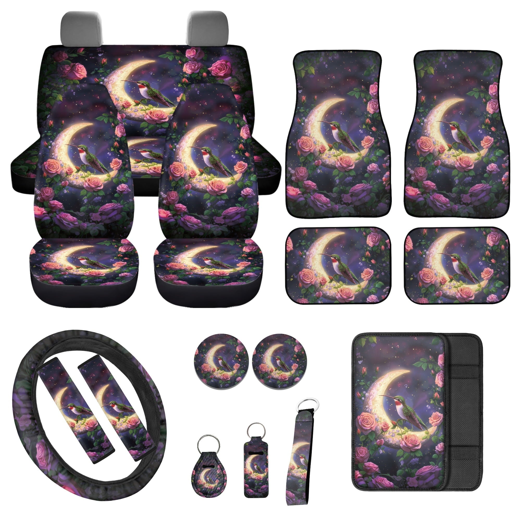 Jeiento Hummingbird 17 Piece Car Seat Cover Full Sets Car Accessories Set Car Front and Back Floor Mats Steering Wheel Covers Moon Armrest Cover Car Seat Belt Covers Coaster Keychain