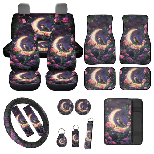Jeiento Hummingbird 17 Piece Car Seat Cover Full Sets Car Accessories Set Car Front and Back Floor Mats Steering Wheel Covers Moon Armrest Cover Car Seat Belt Covers Coaster Keychain