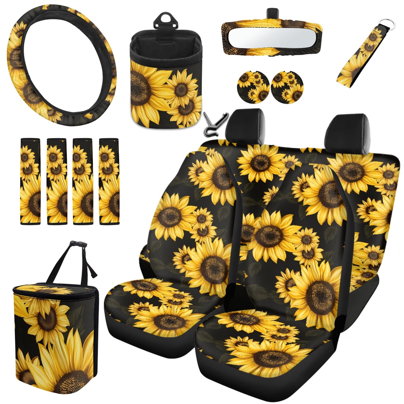Jeiento Sunflower Car Seat Covers Set of 15 Steering Wheel Cover Seatbelt Cushion Pad Trash Bin Car Vent Organizer Pouch Rearview Mirror Cover Cup Holder Wristlet Keychain for SUV Van Sedan