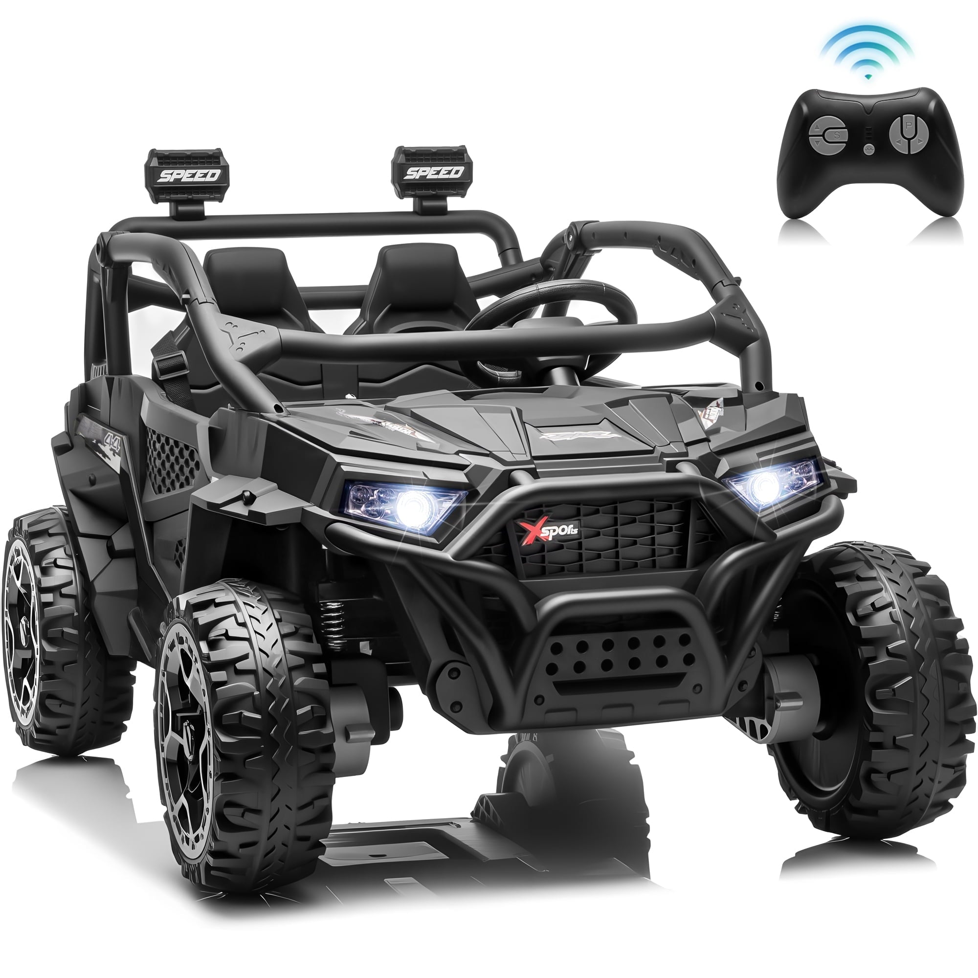 Joyracer 24 Volt Ride on Toys , 4WD 2-Seater Power Car Wheels, Electric Car for Kids with Remote Control, Music & Bluetooth, LED Lights, Rear Storage Box, Black