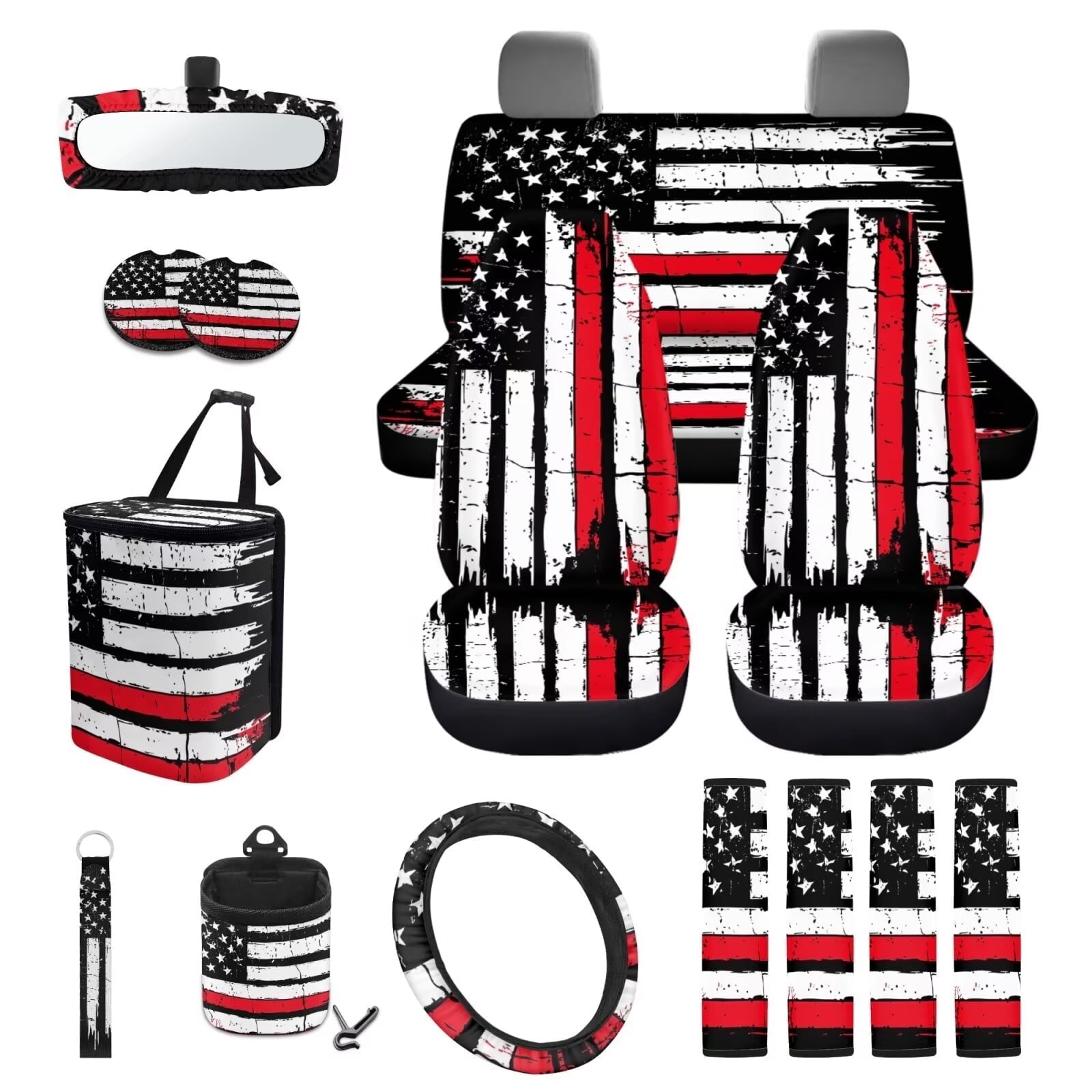 KUIFORTI American Flag Car Seat Covers,Breathable Automotive Seat Covers for Cars SUV Pick-up Truck Sedan,Universal Fit Anti-Slip Steering Wheel and Seat Belt Cover Set