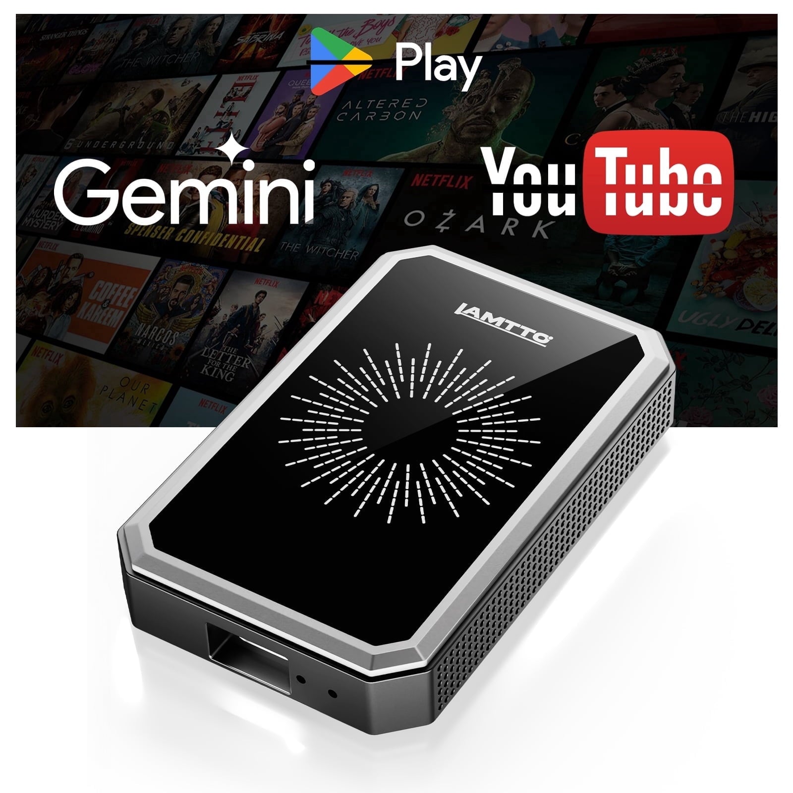 LAMTTO Wireless CarPlay Adapter Car AI Console, Gemini AI & Google Play, Video Apps, Car Play & Android Auto Plug & Play for Wired CarPlay Cars 2016+