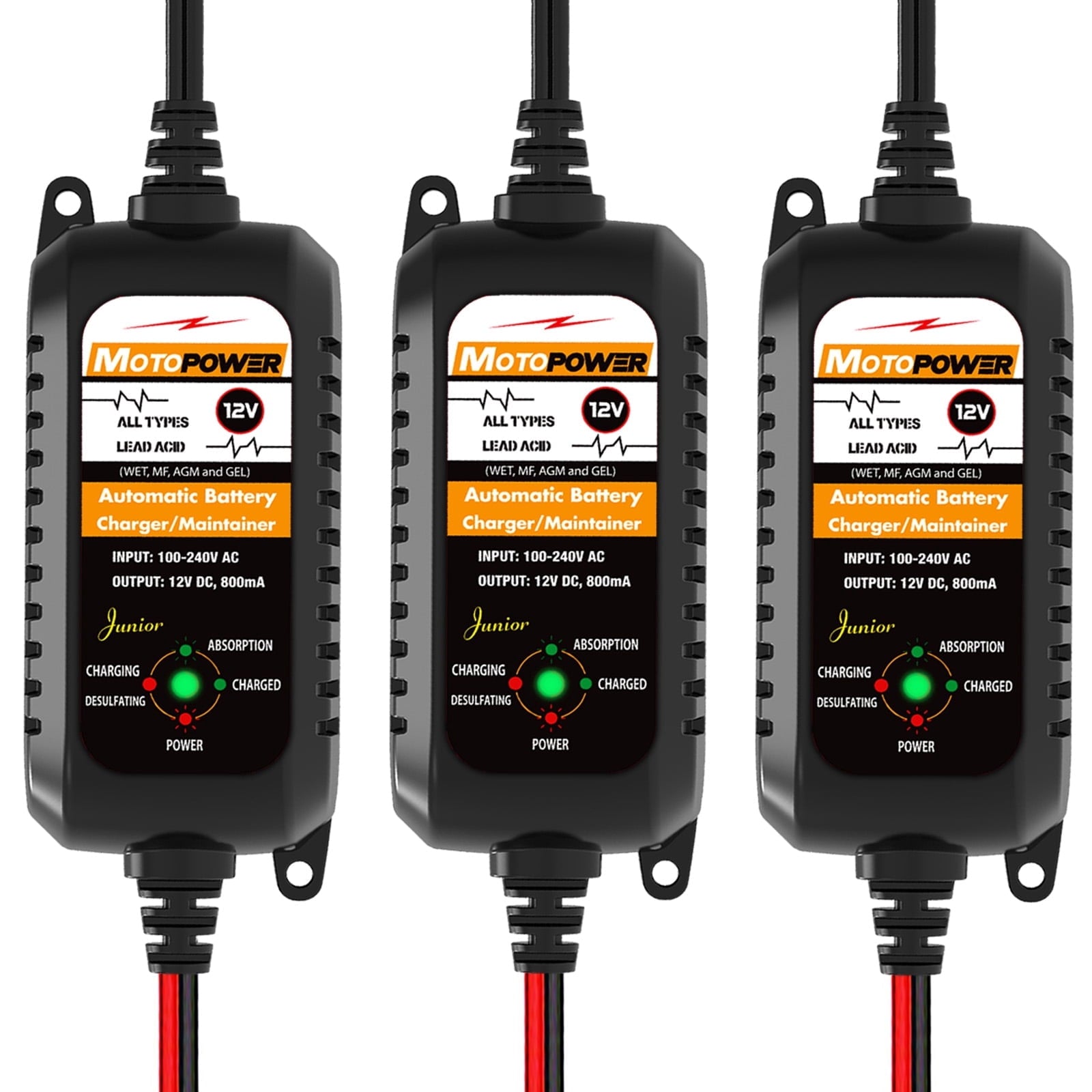 MOTOPOWER 12V 800mA Fully Automatic Battery Charger Battery Maintainer Trickle Charger - 3 Pack