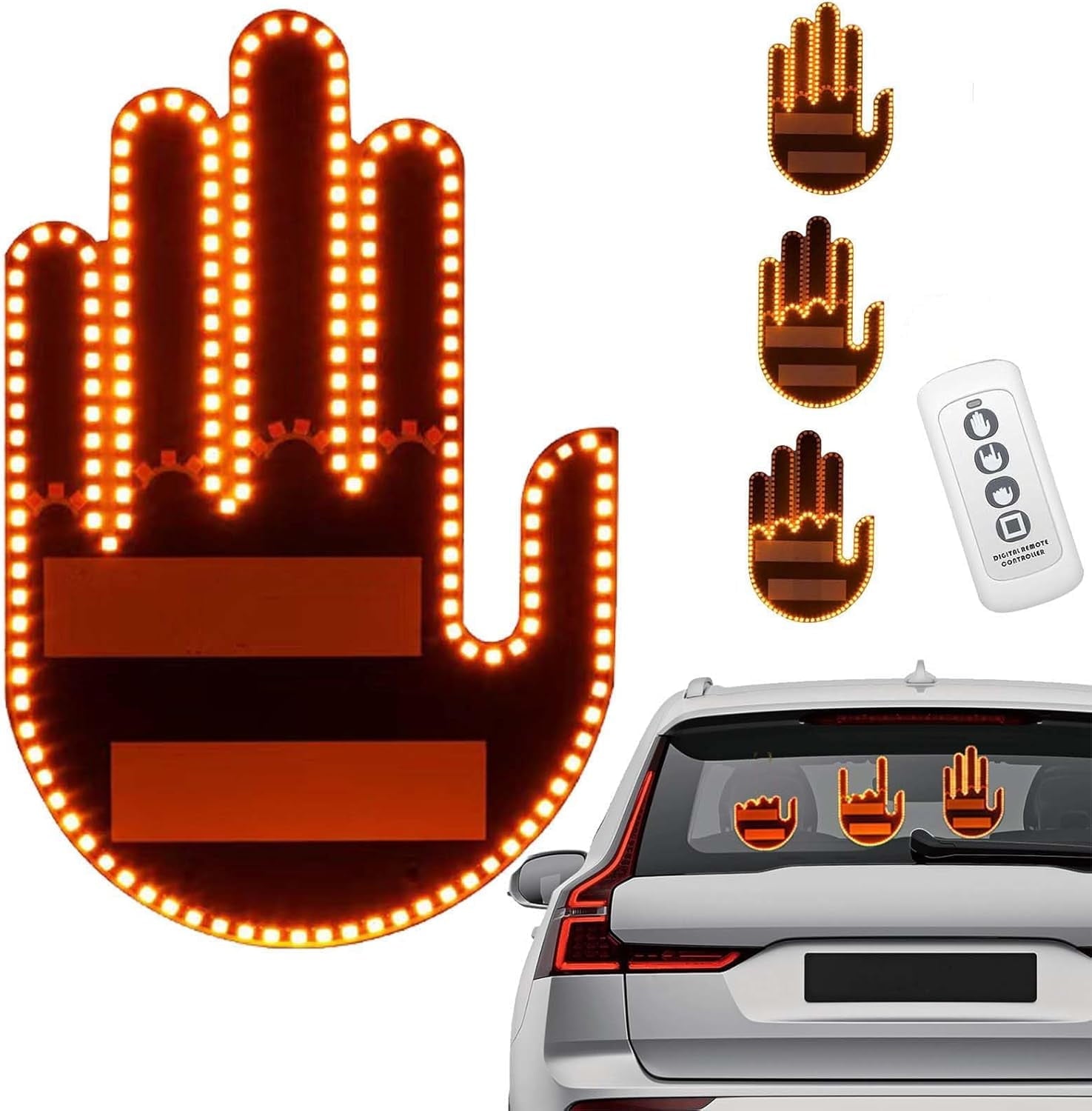 Middle-Finger Car Light, Road Mate Middle-Finger, Road Mate Hand, Road Mate Hand Signal, Car Finger Led Light with Remote, Light up Hand for Car Window - 3 Emoticon Gestures (3PCS)