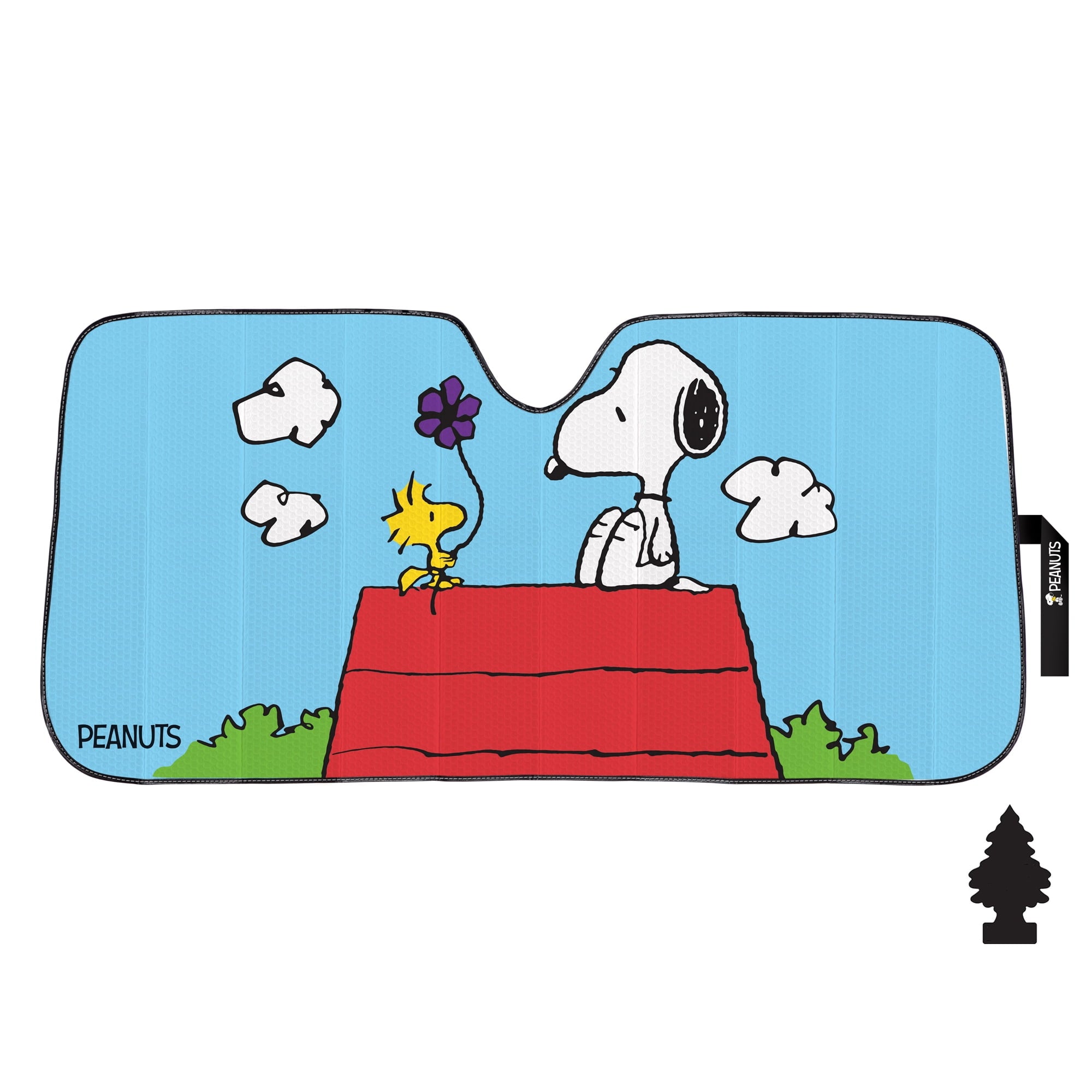 Peanuts Snoopy & Woodstock Auto Sunshade with Little Tree Air Freshener – Universal Fit Windshield Protector for Cars, Trucks & SUVs – Keeps Vehicle Cool & Fresh