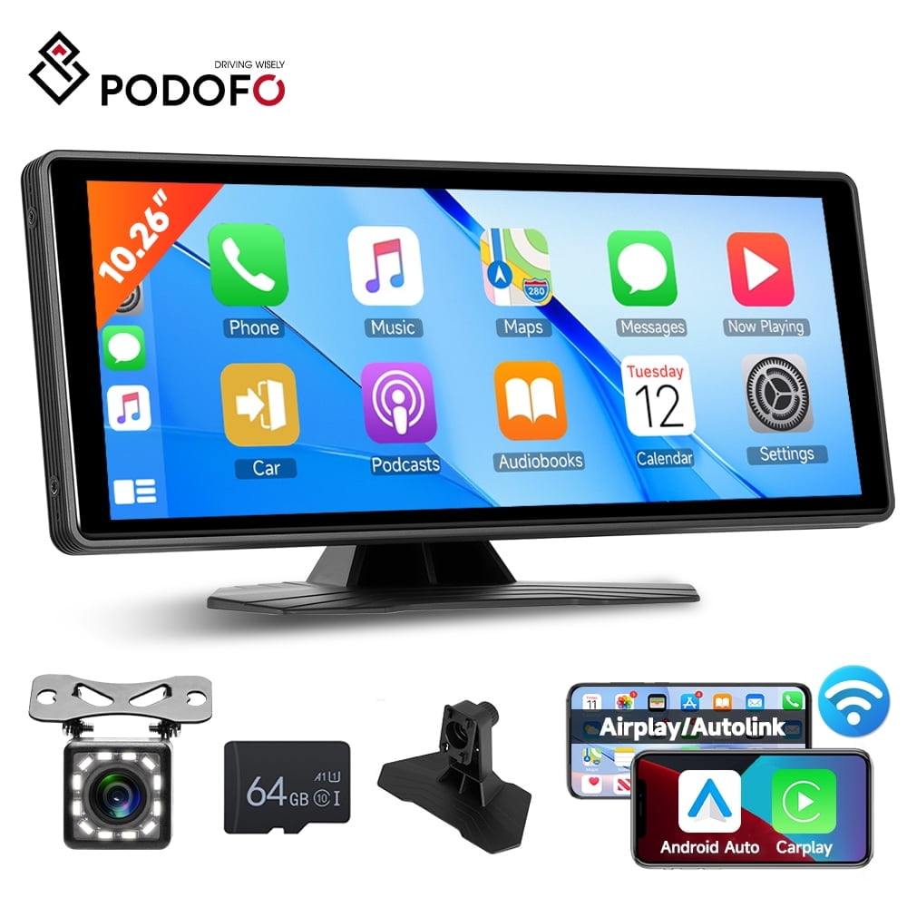Podofo 10.26 inch Screen Wireless Carplay Android Auto Portable Smart Player Supports AirPlay Android Cast Support CVBS Camera Support Bluetooth Music