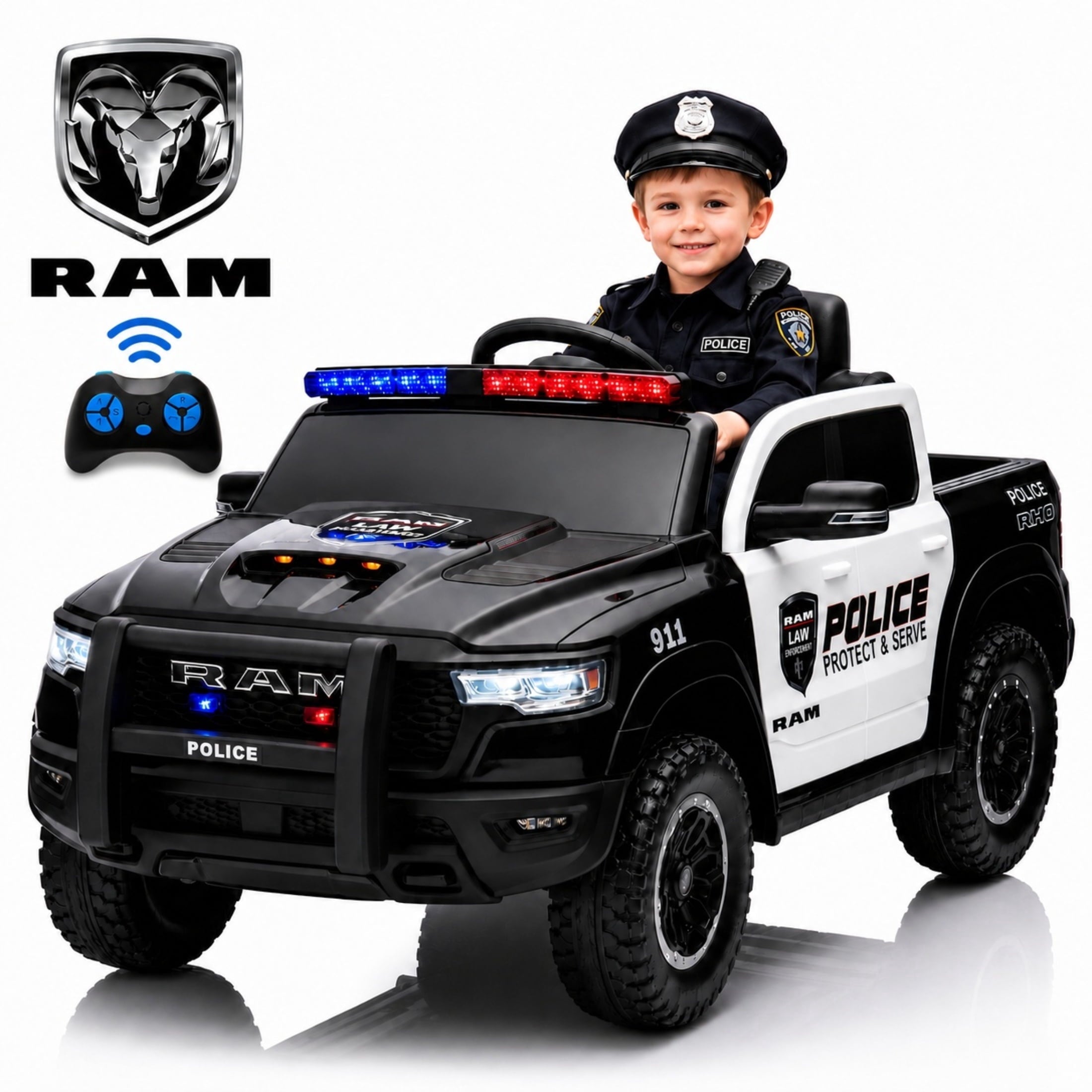 12V Police Car Ride on, SHINPT RAM1500 RHO Kids Powered Electric Car for Kids with Parent Remote Control, 4 Wheels Spring Suspension, LED Lights, Bluetooth Music, Toddler Ride on Toy for Ages 3-8