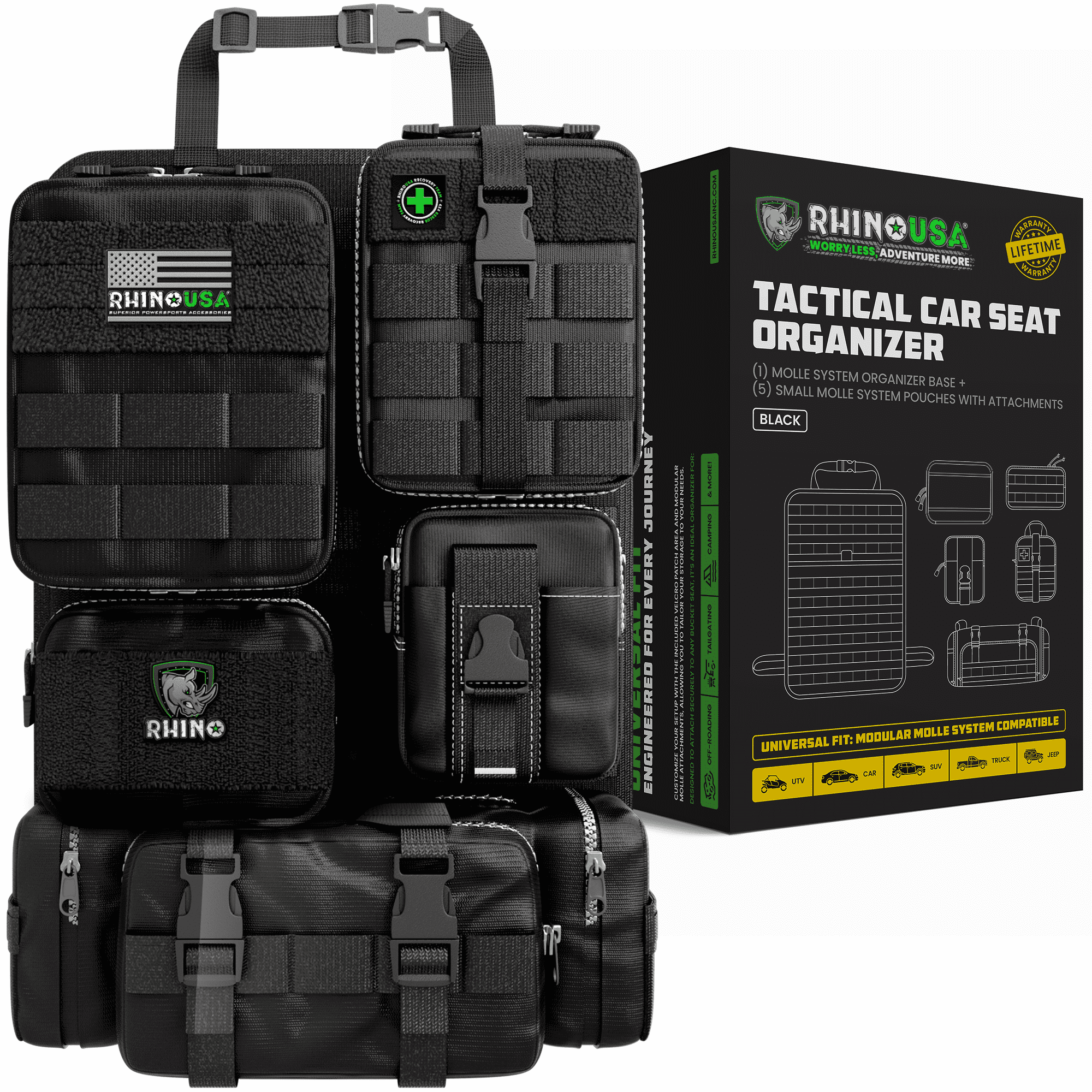 Rhino USA Tactical Car Seat Organizer w/ Multiple Pockets & Car Accessories for SUV, Truck, Car (Black)