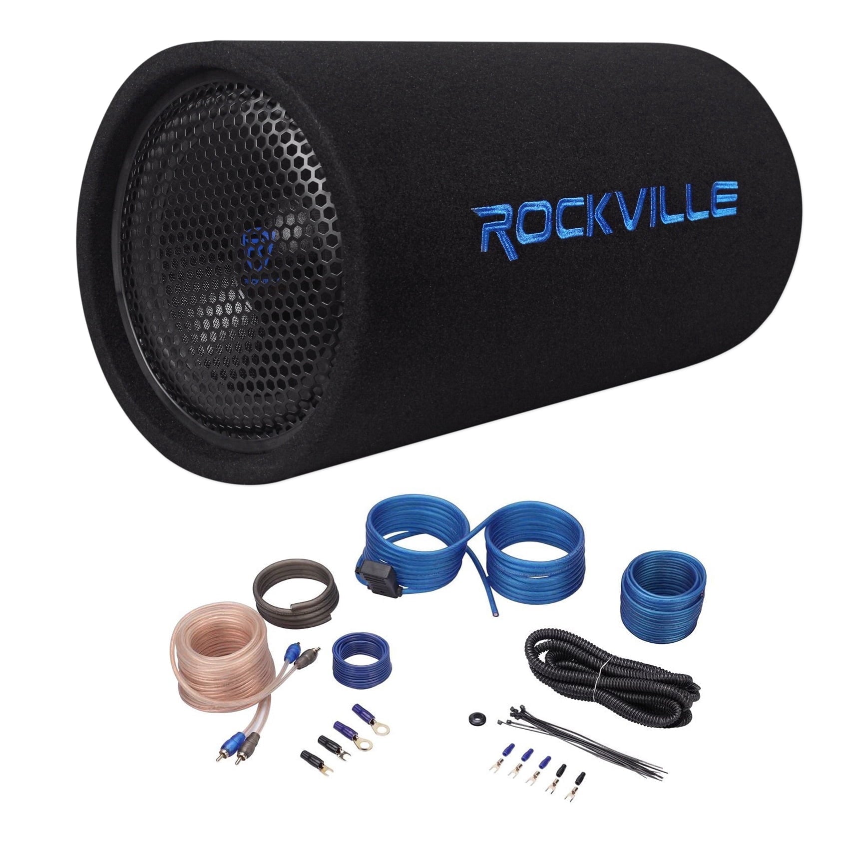 Rockville RTB10A Bundle: 10 Inch 500W Powered Subwoofer Tube with Bass Remote, RWK10 10 Gauge Wiring Kit with RCA Cables, Car Audio Setup, 2-items