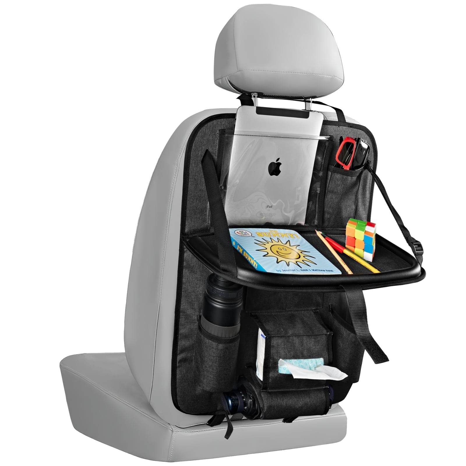 Rubbermaid Car Backseat Organizer, Foldable Table Tray, Storage Bag with Multiple Pockets for Cars, Trucks and SUVs.