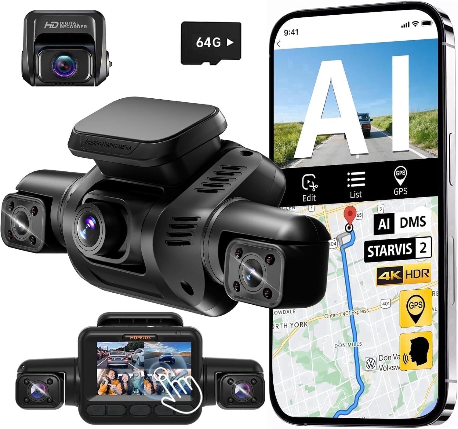 HUPEJOS STARVIS 2 4K Dash Cam with Driver Monitoring System, 360° 4 Channel Dashcam Front and Rear Inside, 3" Touch Screen Car Camera, 64G Card Included, 5G Wi-Fi GPS, HDR Night Vision,  Parking Mode
