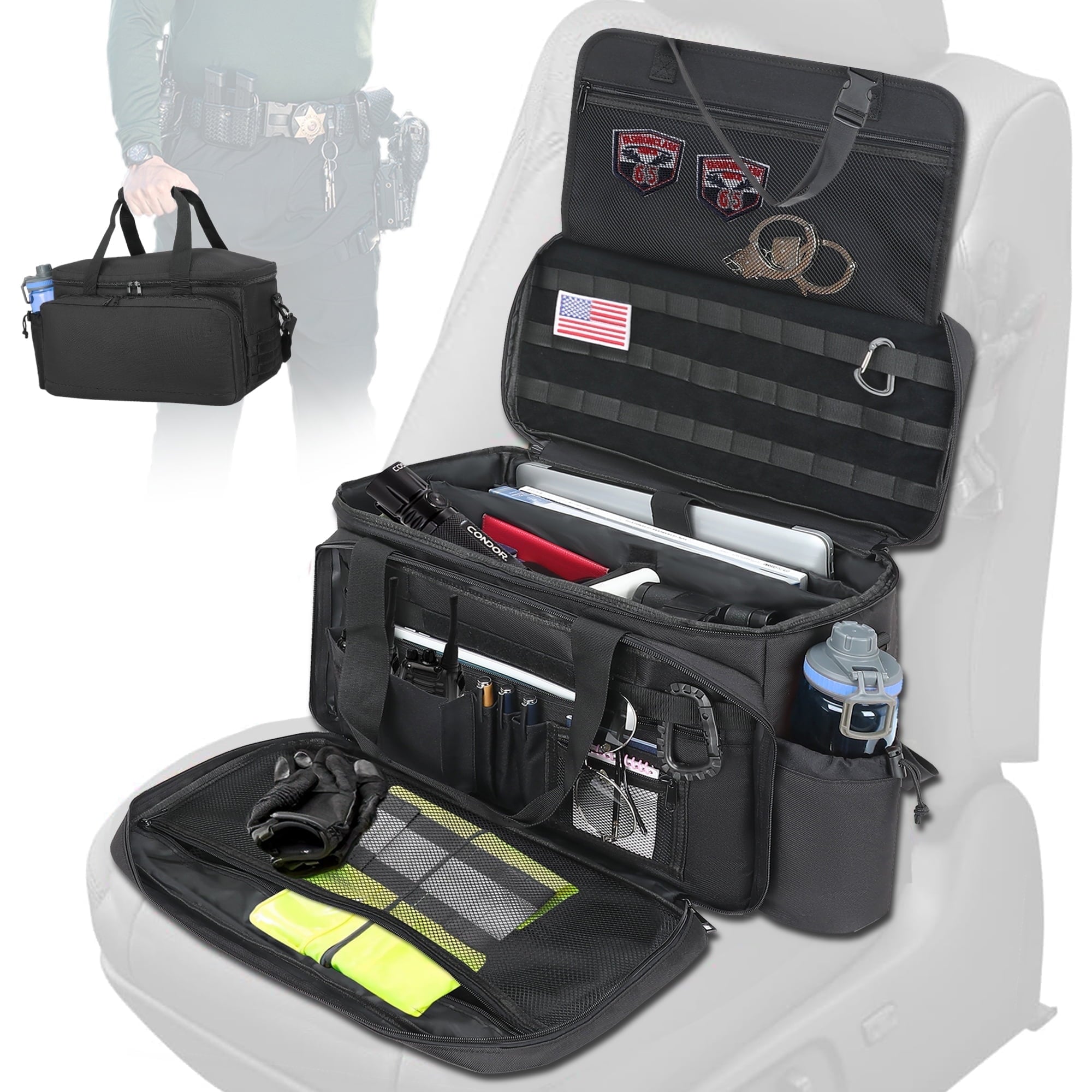 Talrizio Patrol Bag Car Front Seat Organizer for Law Enforcement, Military, and Police, Padded Sleeve for 17" Laptop, and Fits Vehicle Passenger Seat