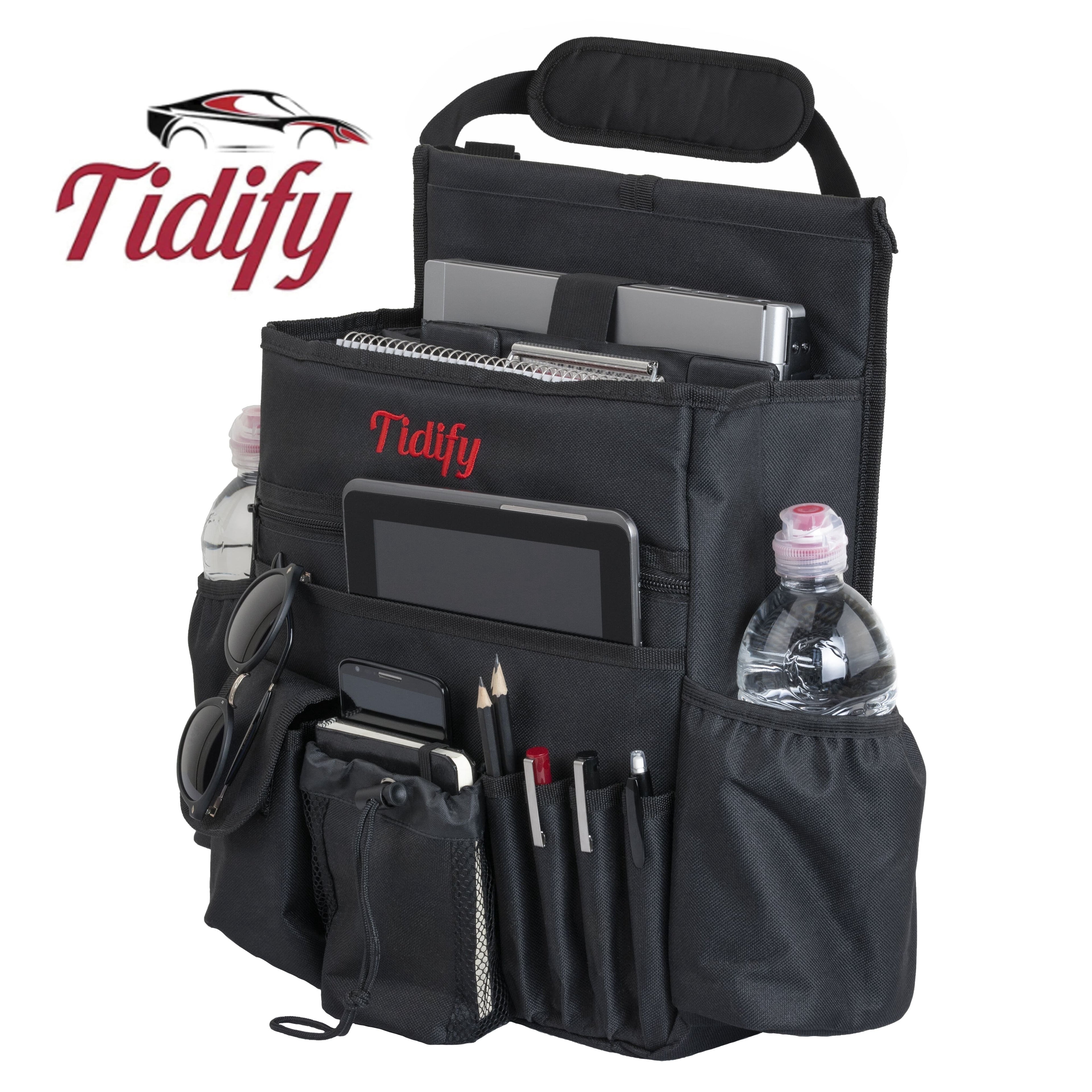 Tidify Car Seat Organizer with Velcro Sleeve, Stabilizing Straps, Front seat Storage Pockets for Laptop and Bottle Holders
