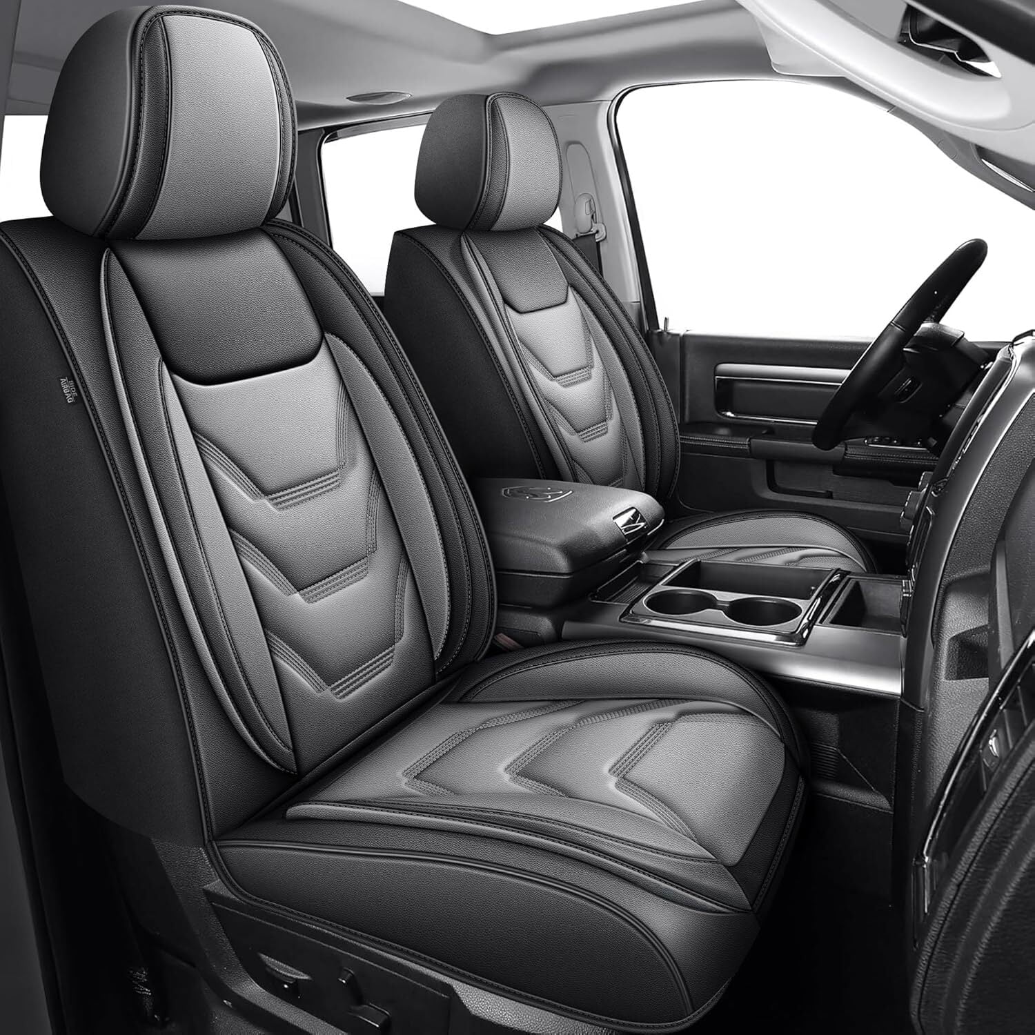 Truck Seat Covers Full Set Custom Fit for 2012-2025 2026 Dodge RAM 1500/2500/3500 Crew Quad Regular Cab Durable Waterproof Leather Seat Protectors (Black & Grey, Flat Bench)