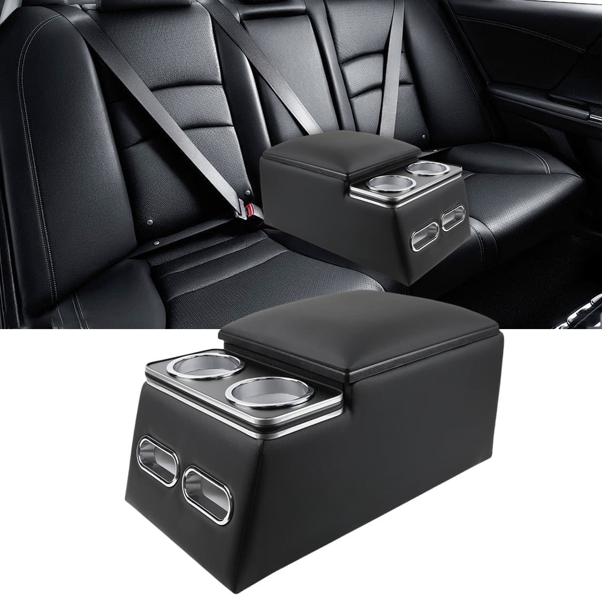 Universal Truck Seat Organizer with Cup Holders, Rear Bench Seat Center Consoles with Armrest Middle Storage Box, Padded Top Lid for Armrest, Black