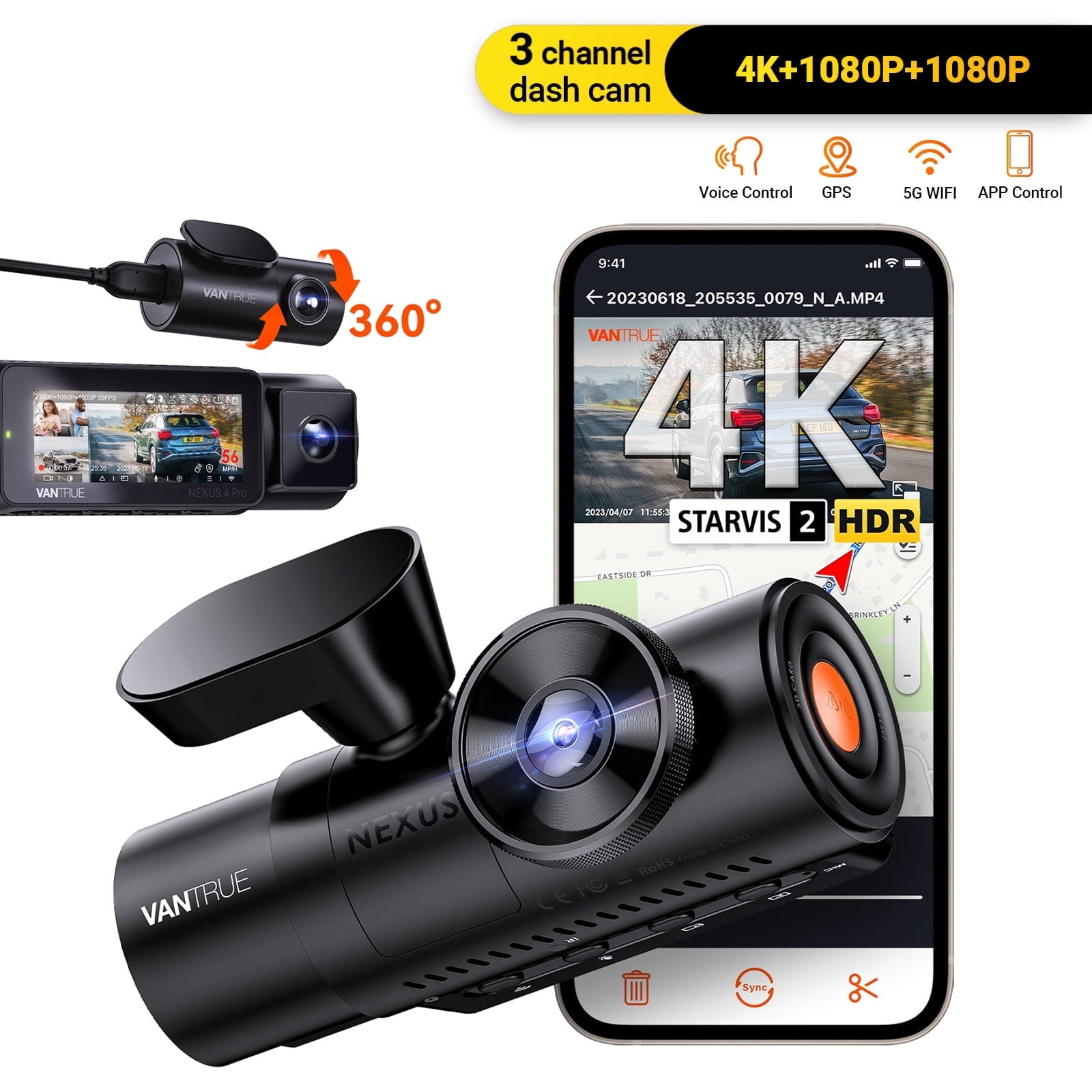 Open Box Vantrue Nexus 4 Pro 3 Channel 4K WiFi Dash Cam, STARVIS 2 IMX678 Night Vision, Voice Control, HDR, 24 Hours Parking Mode, Support 512GB Max