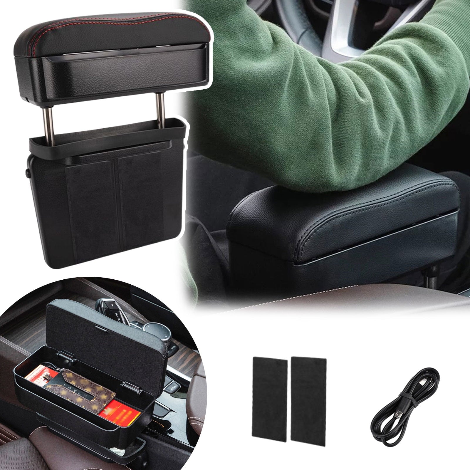 XZKING Car Armrest Storage Box Universal Adjustable Height Center Console Extender Armrest Box with Wireless Charger