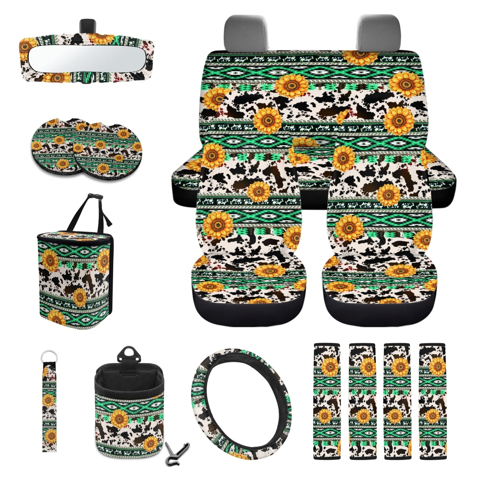 Xoenoiee American Sunflower Cow Print Car Seat Cover for Women Men, with Steering Wheel Cover Seat Belt Strap Pad Trash Bag Mount Phone Holder Rearview Mirror Accessory Cup Holder Key Chain, 15 PCS