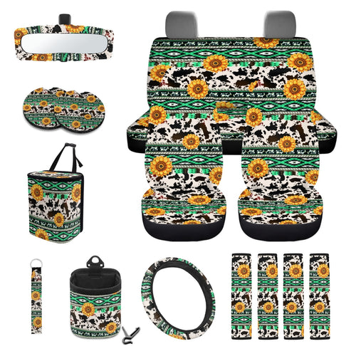 Xoenoiee American Sunflower Cow Print Car Seat Cover for Women Men, with Steering Wheel Cover Seat Belt Strap Pad Trash Bag Mount Phone Holder Rearview Mirror Accessory Cup Holder Key Chain, 15 PCS