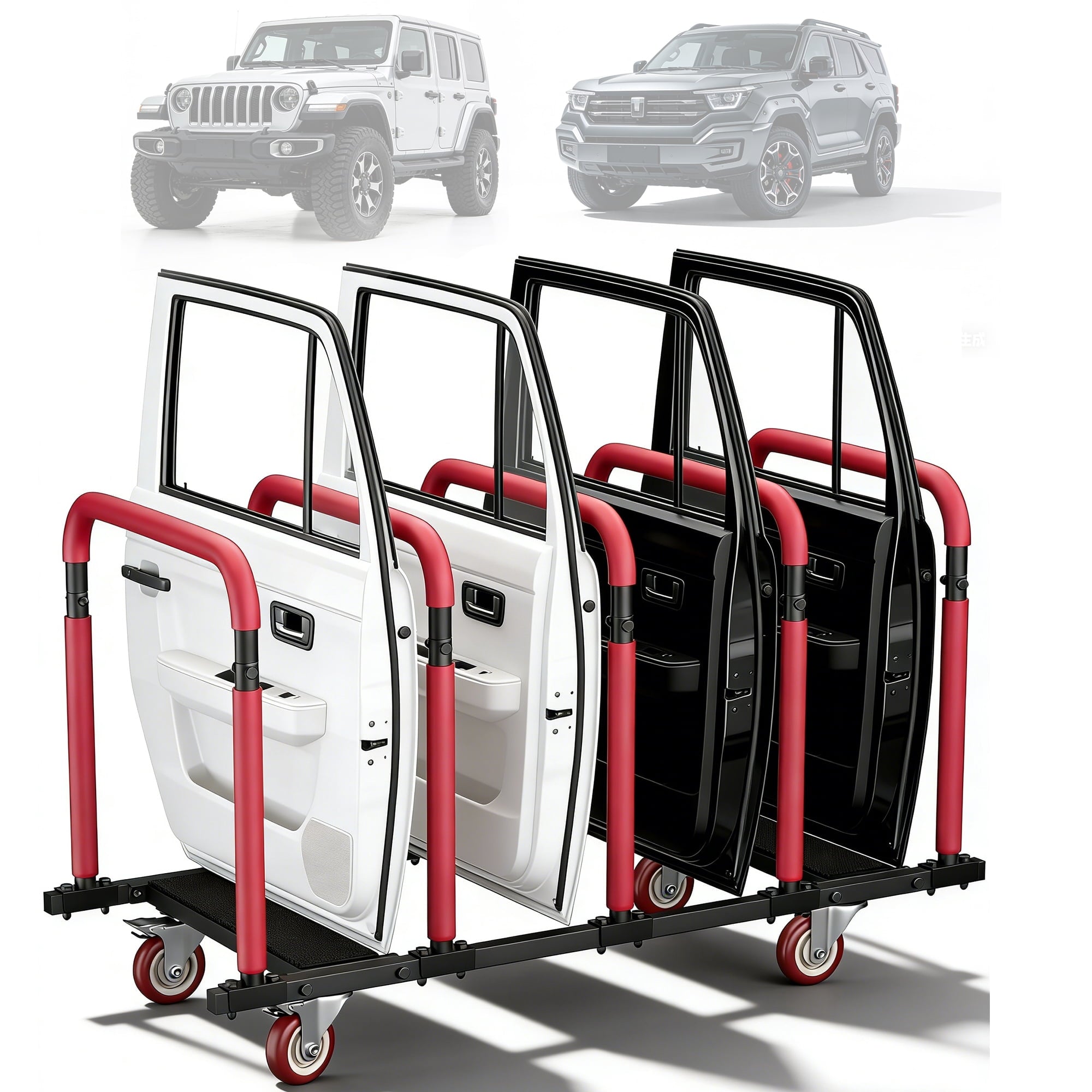YOHKOH Jeep Door Storage Rack with Lockable 4" Casters – Heavy-Duty Movable Stand for Jeep Wrangler JK JL, Gladiator JT & Ford Bronco 2/4 Door