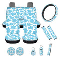 Yuyamidu 12 PCS Blue Cow Print Car Seat Covers Set Cute Steering Wheel Cover Seat Belt Pads Cup Coasters Chapstick Holder Key Chain Keychain Wristlet