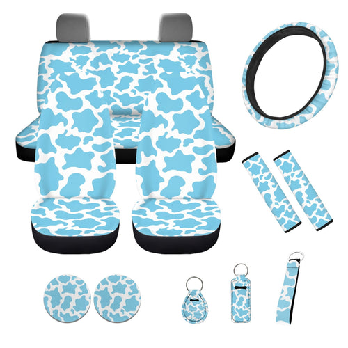 Yuyamidu 12 PCS Blue Cow Print Car Seat Covers Set Cute Steering Wheel Cover Seat Belt Pads Cup Coasters Chapstick Holder Key Chain Keychain Wristlet