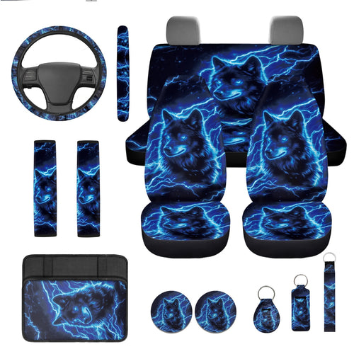 Yuyamidu Blue Wolf Car Seat Cover Full Set of 13 Fashion Auto Steering Wheel Cover Seatbelt Pads Armrest Cushion Coasters Key Chain Auto Interior Sets