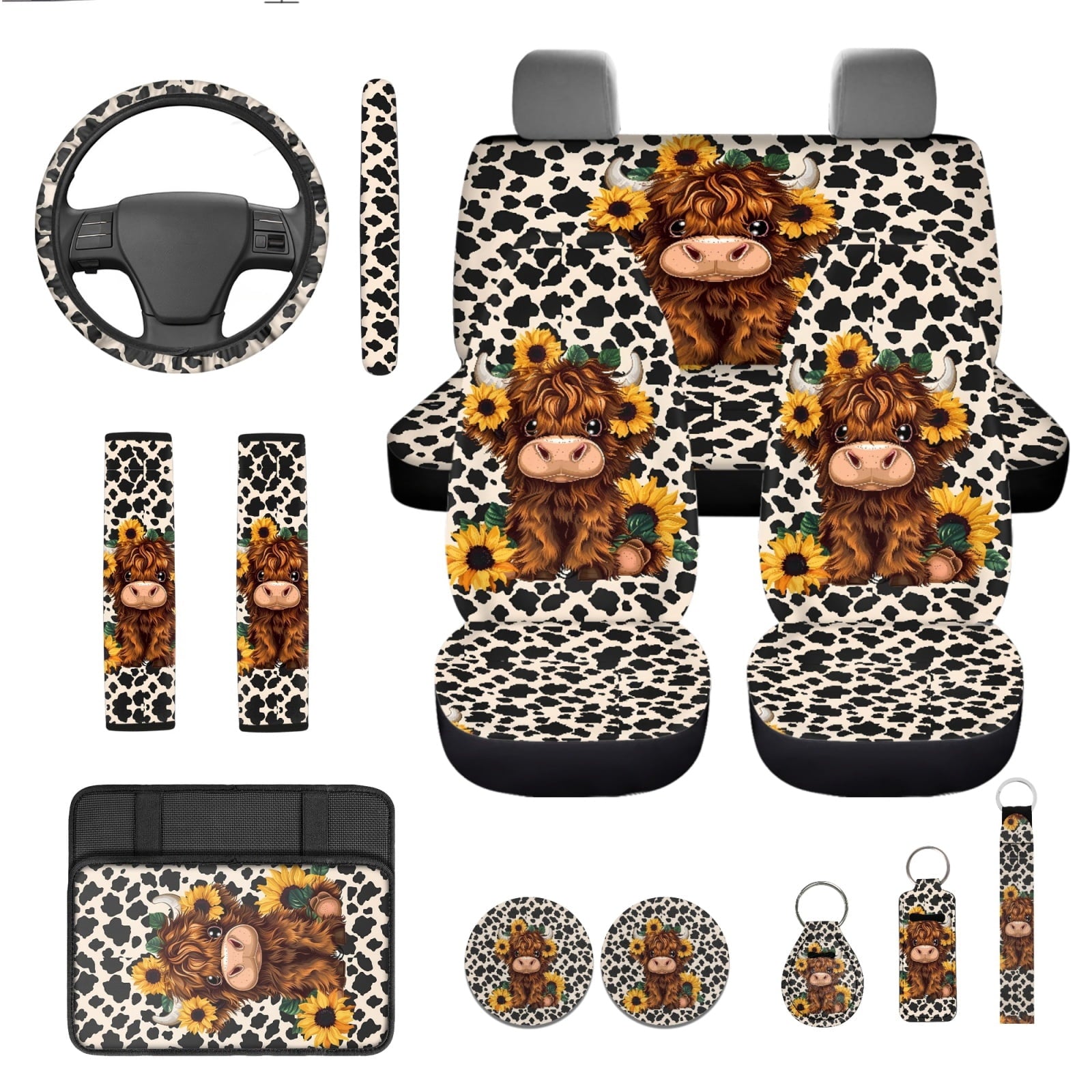 Yuyamidu Cute Highland Cow Car Seat Covers Full Set of 13 Cow Print Steering Wheel Cover Armrest Box Mat Seatbelt Pad Sunflowers Coasters Keychain Fit for SUV Van Truck Sedan
