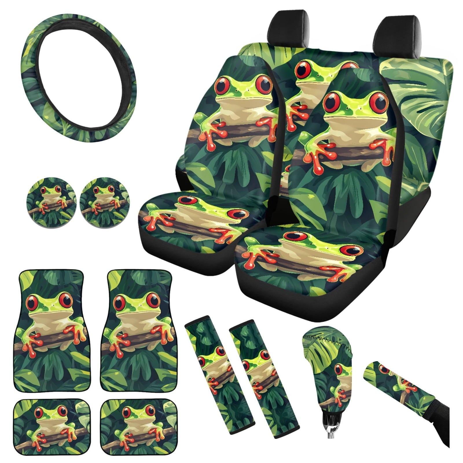 Yuyamidu Frog ar Seat Cover Full Set of 15 Palm Leaves Car Floor Mats Steering Wheel Cover Seat Belt Strap Pads Cup Coasters Gear Shift Knob Cover, Green