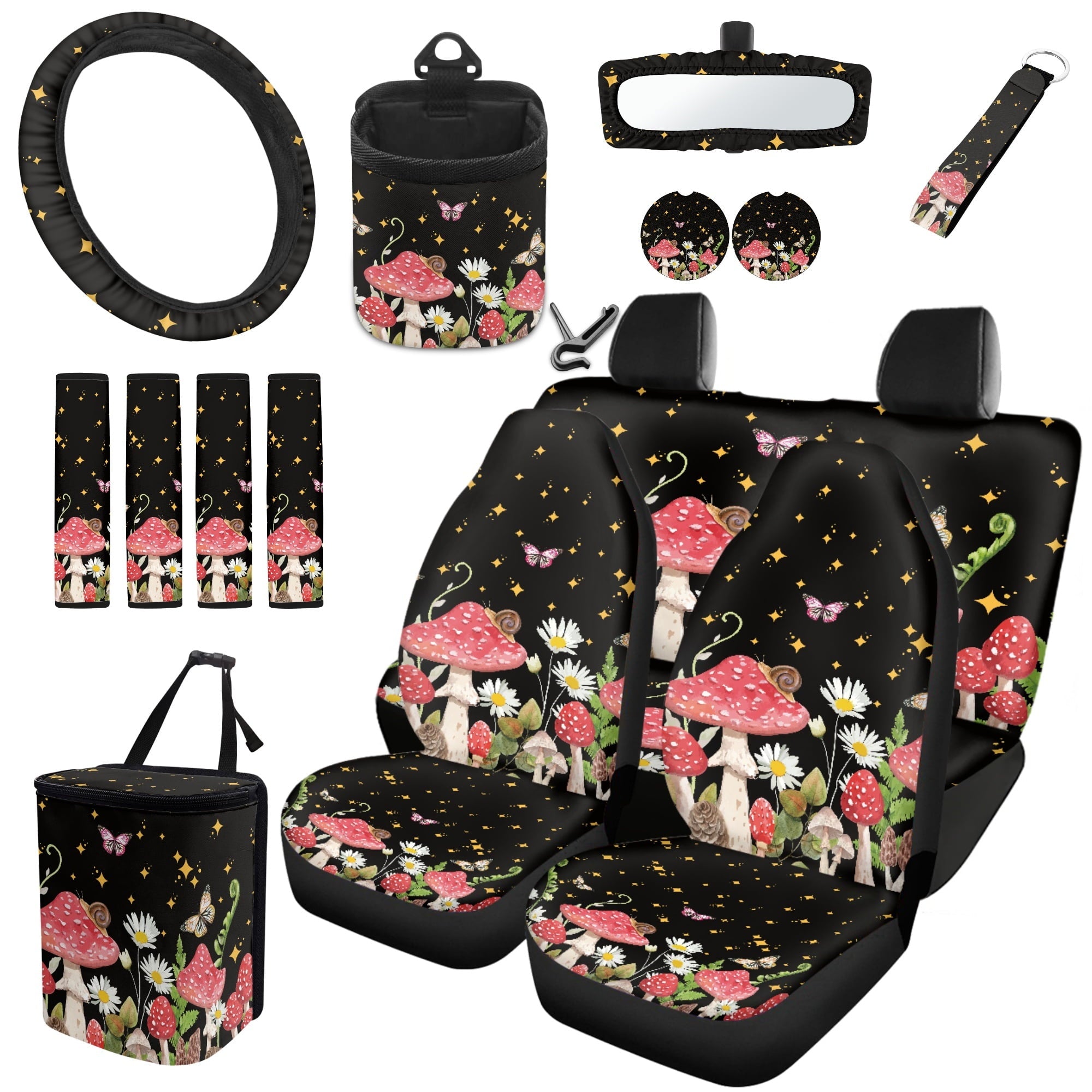 Yuyamidu Mushroom Car Seat Cover Set of 15 Daisy Steering Wheel Cover Seat Belt Covers Trash Bag Air Vent Holder Rear View Mirror Cover Cup Coasters Key Chain Auto Interior Accessories