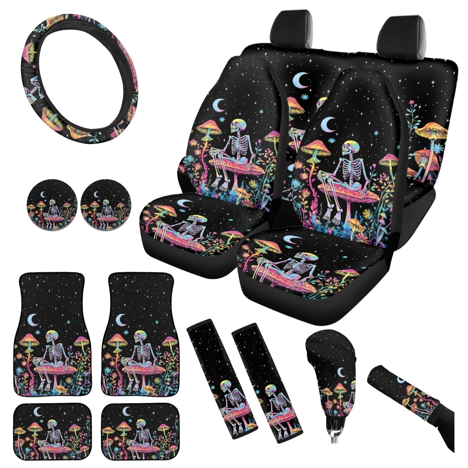 Yuyamidu Skull Car Seat Cover Full Set of 15 Red Mushroom Car Floor Mats Steering Wheel Cover Seat Belt Covers Cup Coasters Handbrake Cover Set