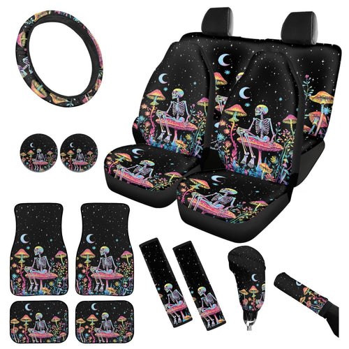 Yuyamidu Skull Car Seat Cover Full Set of 15 Red Mushroom Car Floor Mats Steering Wheel Cover Seat Belt Covers Cup Coasters Handbrake Cover Set