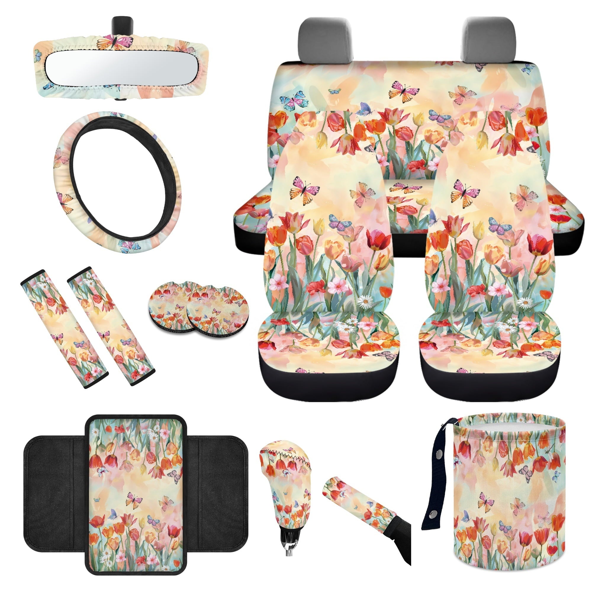 Yuyamidu Tulip Car Seat Covers Set with Steering Wheel Cover Seat Belt Covers Trash Bin Rear View Mirror Cover Butterfly Car Armrest Cover Cushion Coasters Gear Shift Knob Cover for Women, 14 PCS
