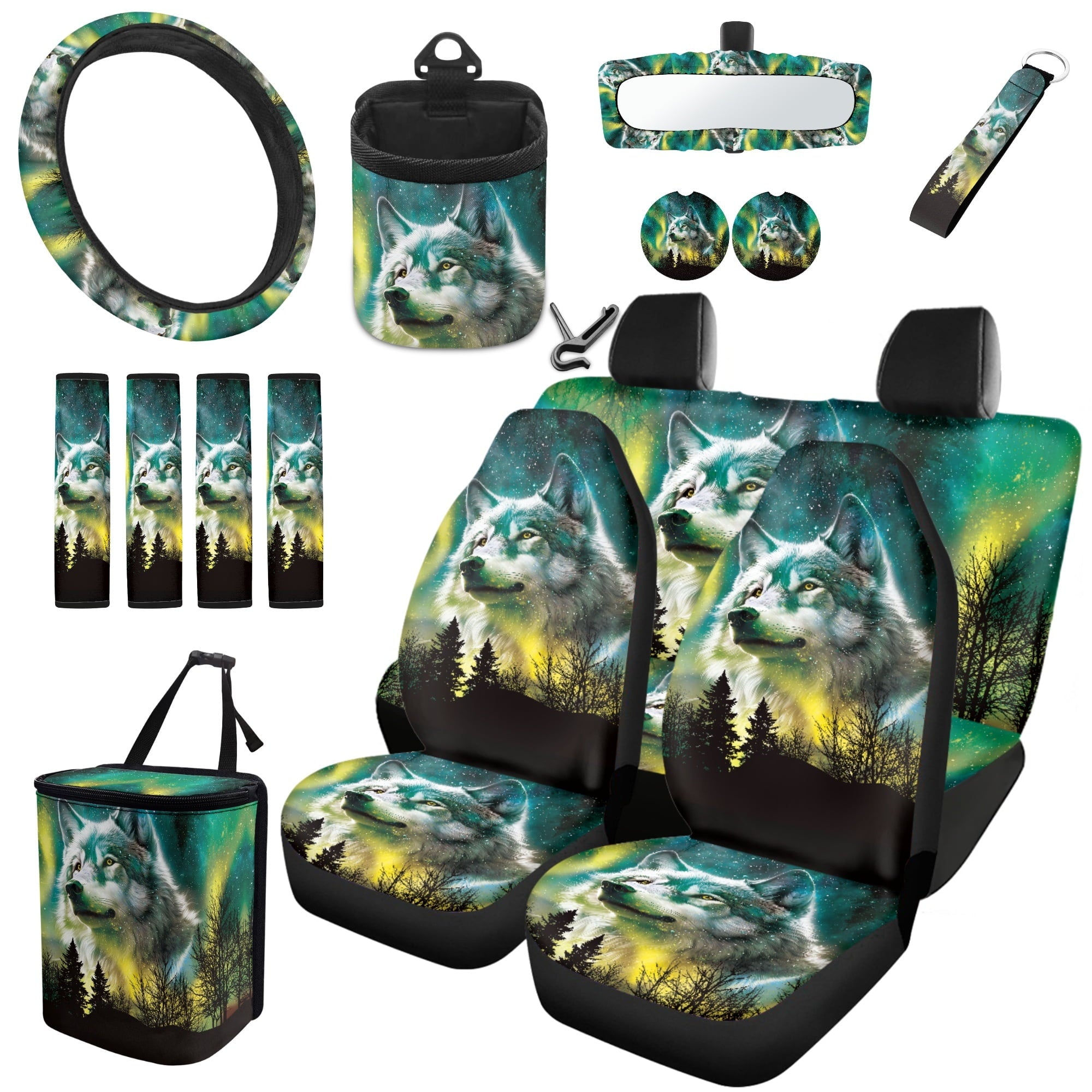 Yuyamidu Wolf Car Seat Covers Set of 15 Starry Sky Car Front Rear Seat Cover Steering Wheel Cover Seat Belt Covers Trash Box Air Vent Storage Bag Rear View Mirror Cover Car Cup Mat Key Chain
