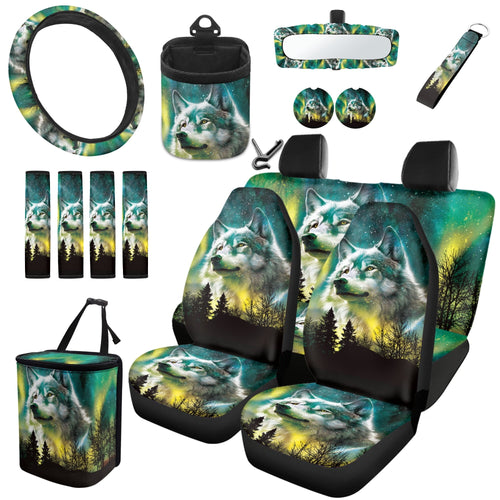 Yuyamidu Wolf Car Seat Covers Set of 15 Starry Sky Car Front Rear Seat Cover Steering Wheel Cover Seat Belt Covers Trash Box Air Vent Storage Bag Rear View Mirror Cover Car Cup Mat Key Chain