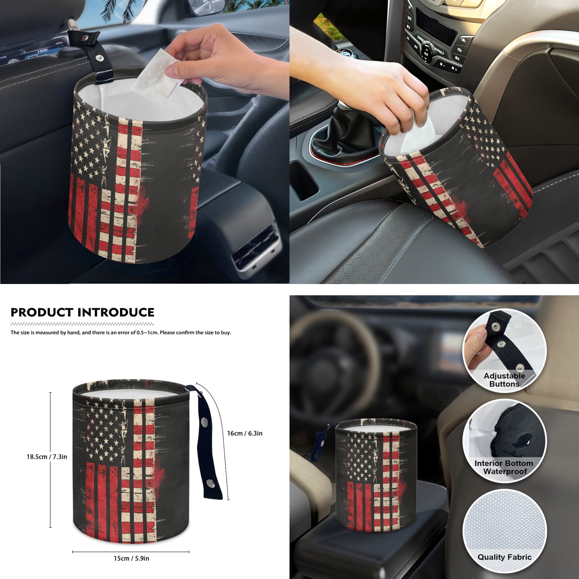 Jeiento American Honoring Firefighter Flags Car Front Back Seat Covers 14 PCS Set with Steering Wheel Cover Seatbelt Pad Trash Can Armrest Cover Rearview Mirror Cover Handbrake Cover Set Coasters