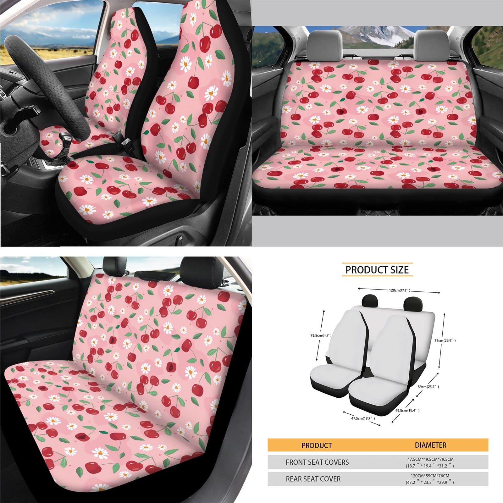 Yuyamidu 14 PCS Cherry Car Seat Covers Set with Steering Wheel Cover Daisy Seat Belt Covers Trash Bin Rear View Mirror Cover Pink Car Armrest Cover Cushion Coasters Gear Shift Knob Cover