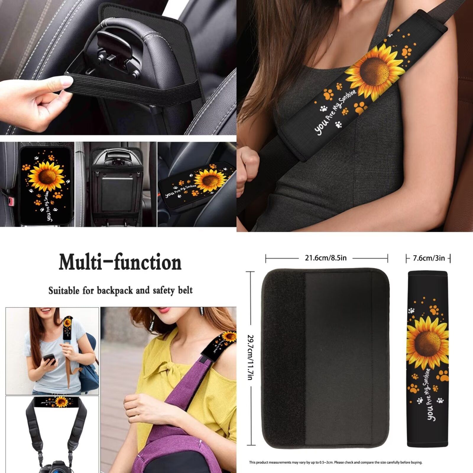 Garronmavis Sunflowers 13 Pieces Seat Cover Set Includes Seat Belt Cover Steering Wheel Cover Car Armrest Pad Coaster Keychain Lipstick Cover Car Cover for Women