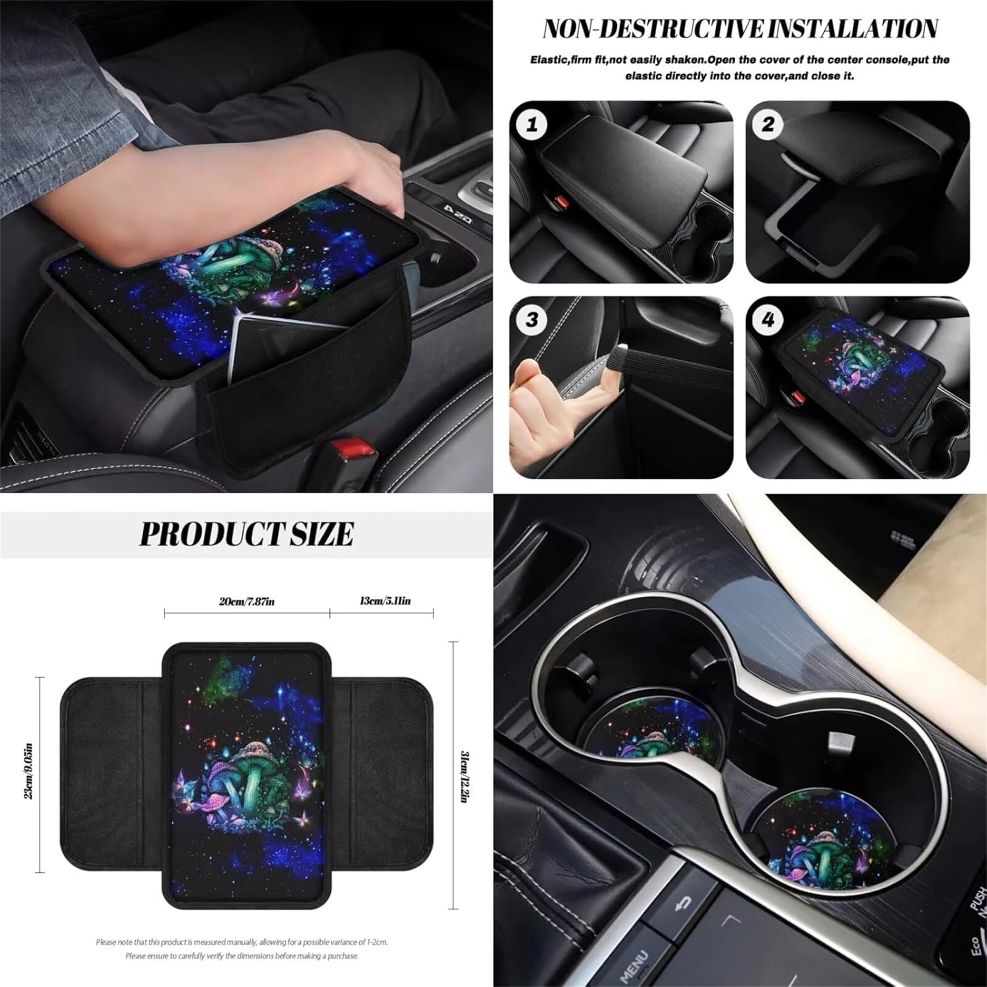 Jeiento Galaxy Mushroom 12 PCS Car Seat Covers for Front Seats with Steering Wheel Cover Seat Belt Covers Armrest Pad Trash Bin Sunglass Pocket Rear View Mirror Cover Coasters Keychain