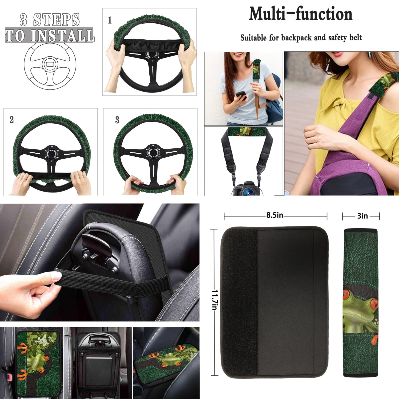 Jeiento Funny Frog Car Accessories Sets with Car Seat Cover Protector Car Floor Mats Auto Steering Wheel Cover Car Armrest Cover Seat Belt Pads Cup Coasters Keychains Lipstick Holder 17 Pack