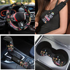 Yuyamidu Skull Car Seat Cover Full Set of 15 Red Mushroom Car Floor Mats Steering Wheel Cover Seat Belt Covers Cup Coasters Handbrake Cover Set