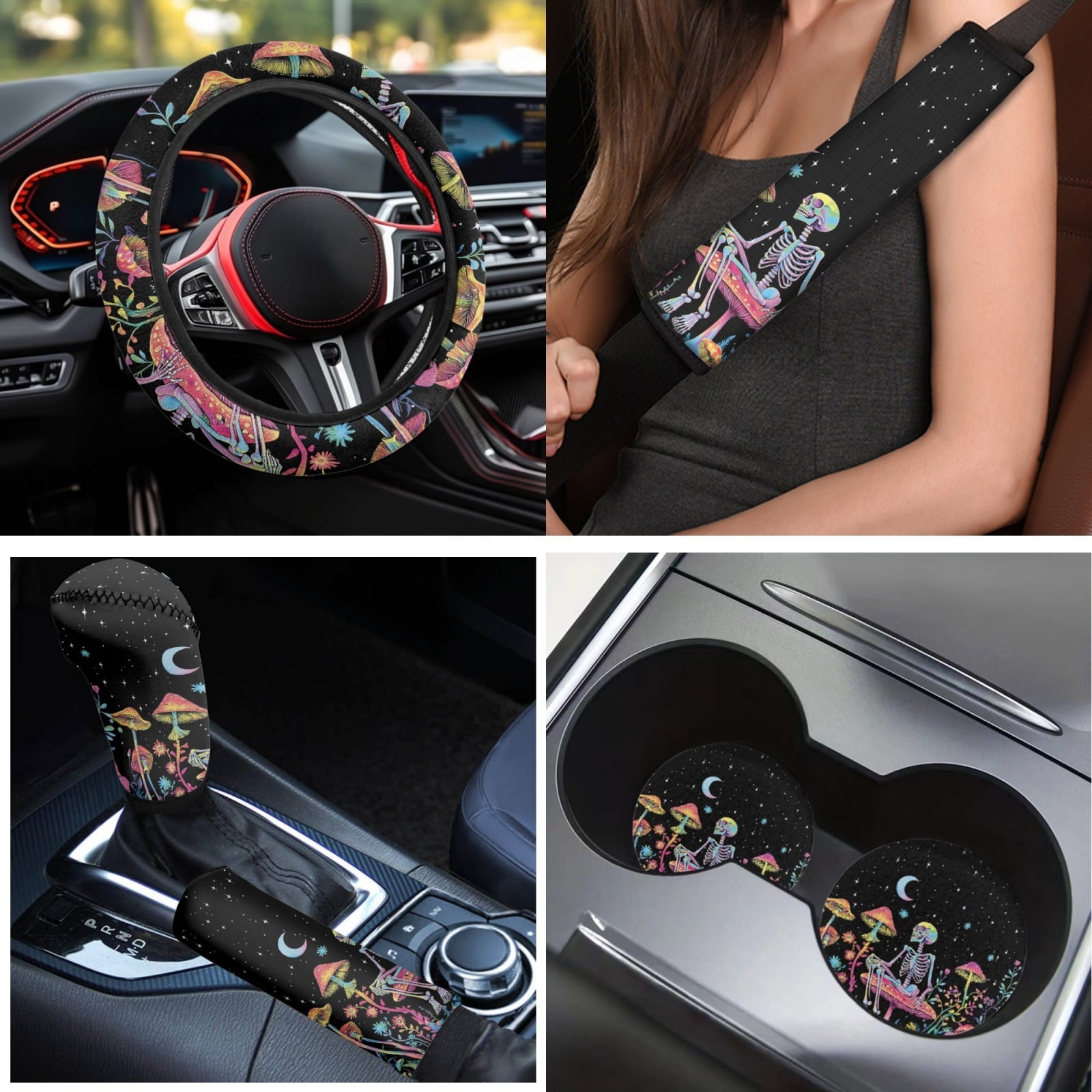 Yuyamidu Skull Car Seat Cover Full Set of 15 Red Mushroom Car Floor Mats Steering Wheel Cover Seat Belt Covers Cup Coasters Handbrake Cover Set