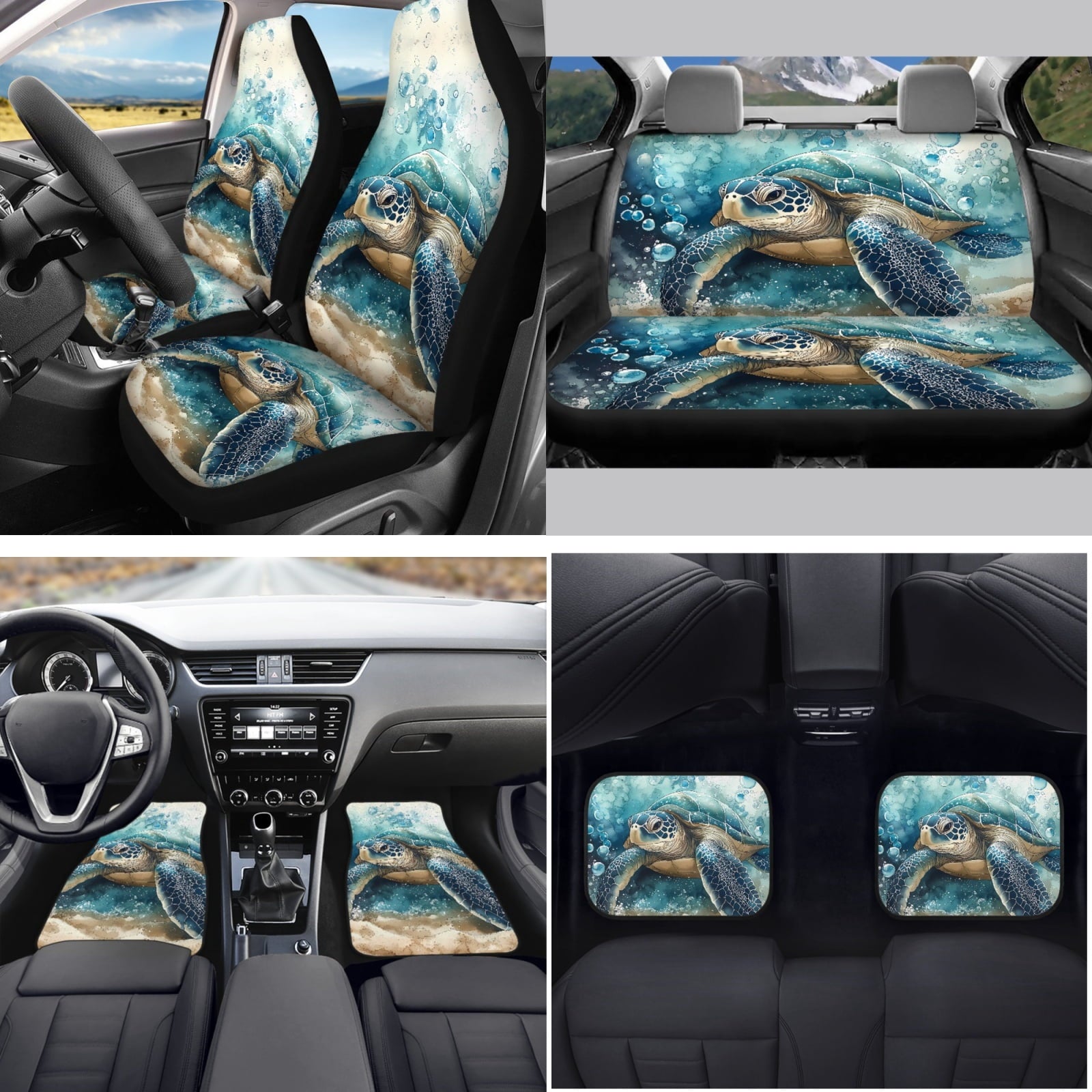 Yuyamidu Sea Turtle Car Seat Covers Full Set with Carpet Mats Blue Steering Wheel Cover Safe Belt Pads Handbrake Cover Set Coasters Fit for SUV Van, 15 Pack
