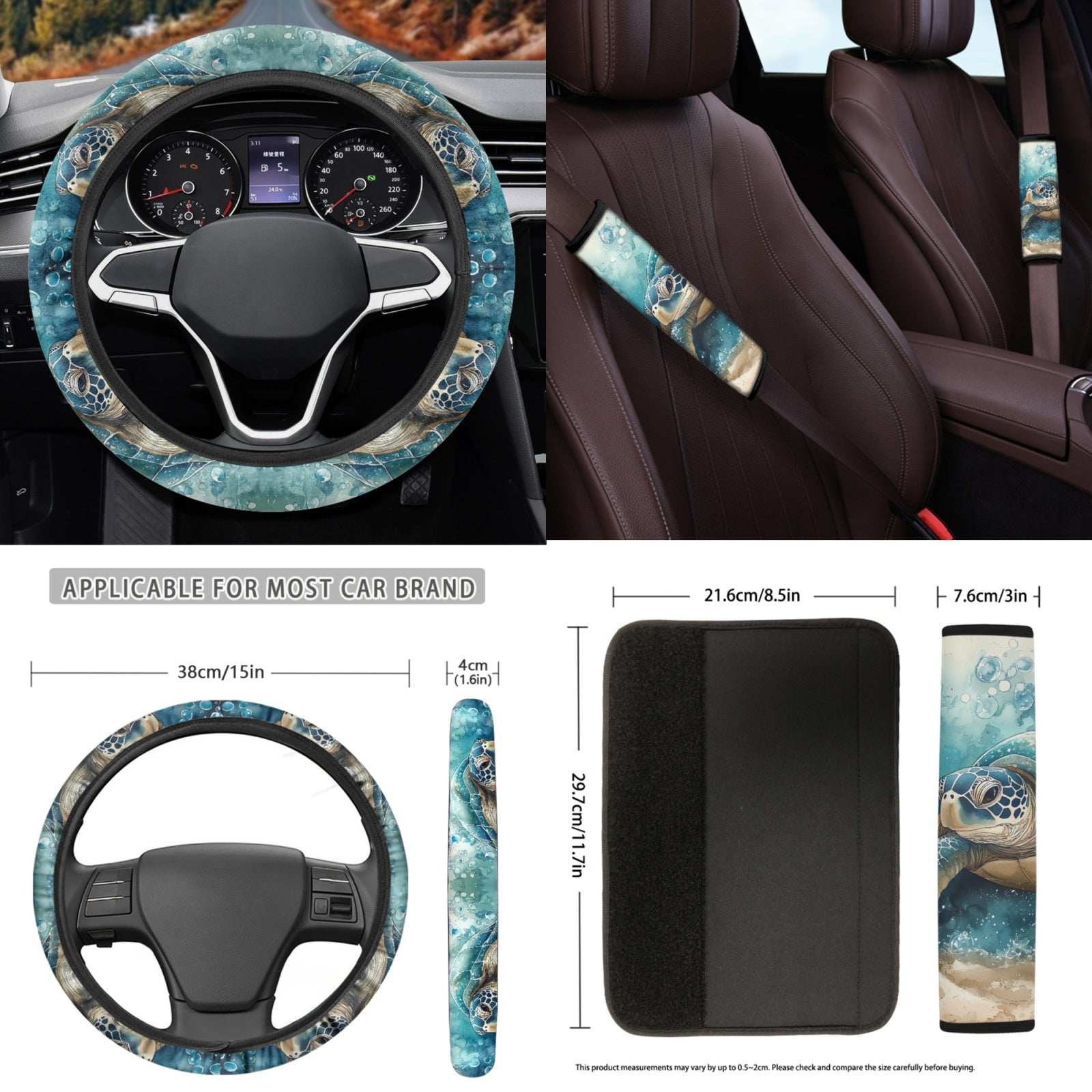 Yuyamidu Sea Turtle Car Seat Covers Full Set with Carpet Mats Blue Steering Wheel Cover Safe Belt Pads Handbrake Cover Set Coasters Fit for SUV Van, 15 Pack