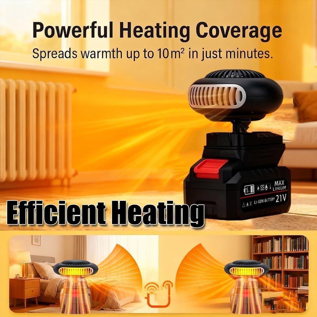 Portable Heater Battery Powered, Quiet Long Heating Small Space Heater with Anti-Tilt, Car Window Defogger with 2 Heat Settings & USB Ports, for Car/Camping/Indoor Use