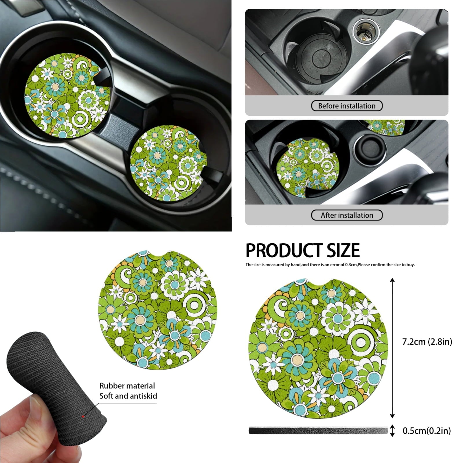 Renewold Hippie Flower Green Cyan Car Seat Cover Full Set 15 PCS, with Steering Wheel Cover Seat Belt Strap Pad Trash Bag Mount Phone Holder Rearview Mirror Accessories Cup Holder Keychain