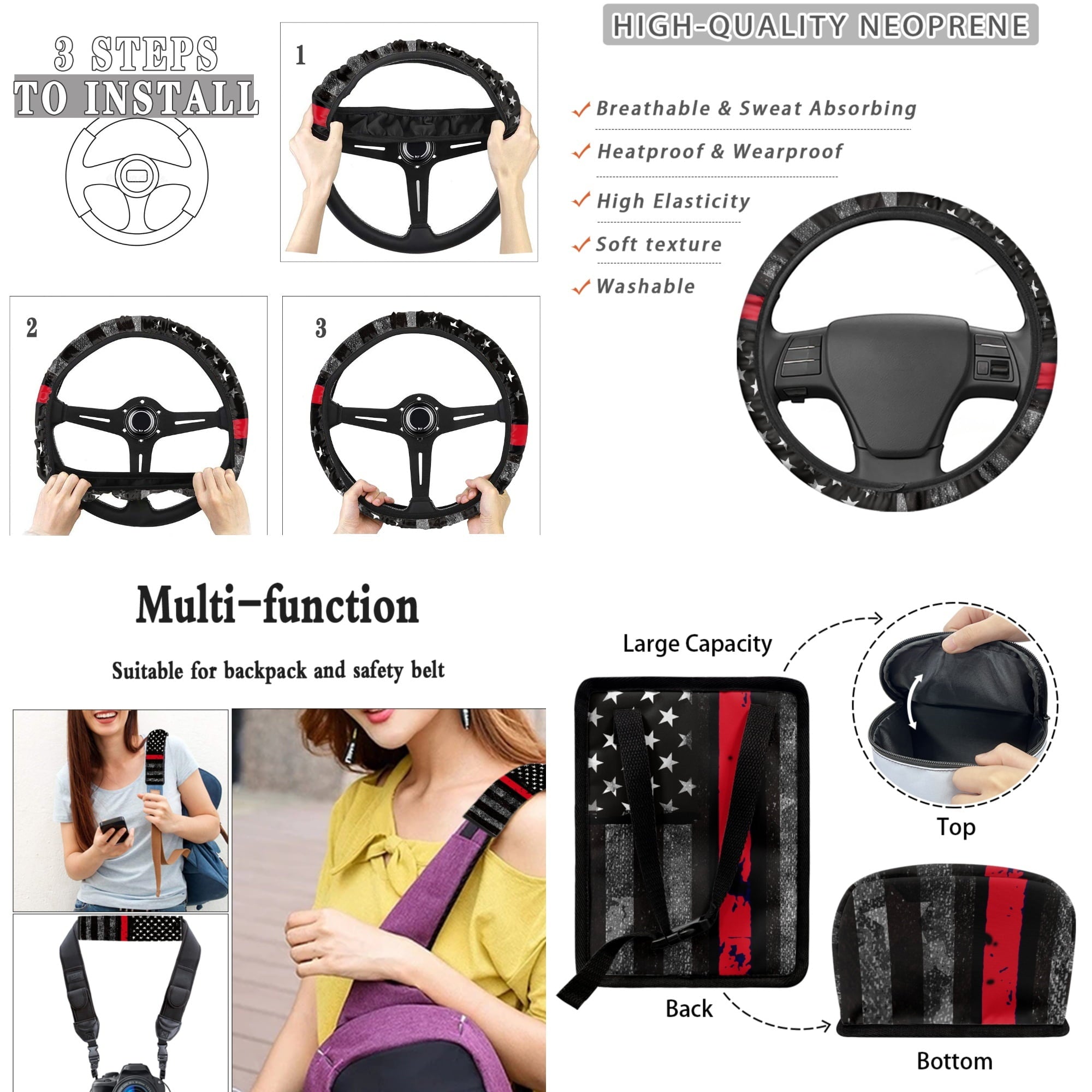 Jeiento American Honoring Firefighter Flags Car Seat Cover with Steering Wheel Seatbelt Pad Trash Bin Air Vent Storage Holder Rear View Mirror Cover Cup Holders Keychain for Car Decor